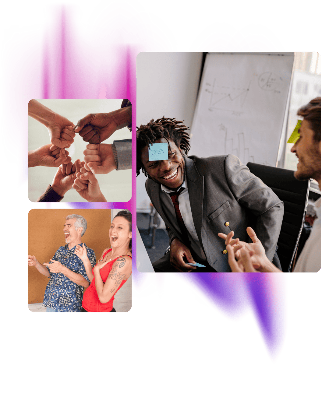 A compilation of people in workshop settings participating in fun activities.